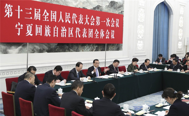3月10日，中共中央政治局常委、國務(wù)院總理李克強(qiáng)參加十三屆全國人大一次會(huì)議寧夏代表團(tuán)的審議。