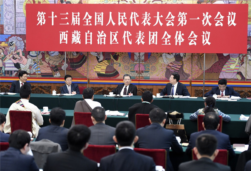 3月10日，中共中央政治局常委、中央紀(jì)委書記趙樂際參加十三屆全國人大一次會(huì)議西藏代表團(tuán)的審議。