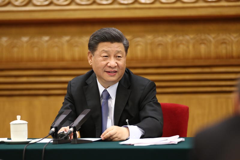 5月22日，中共中央總書記、國家主席、中央軍委主席習(xí)近平參加十三屆全國人大三次會議內(nèi)蒙古代表團的審議。 新華社記者 鞠鵬 攝